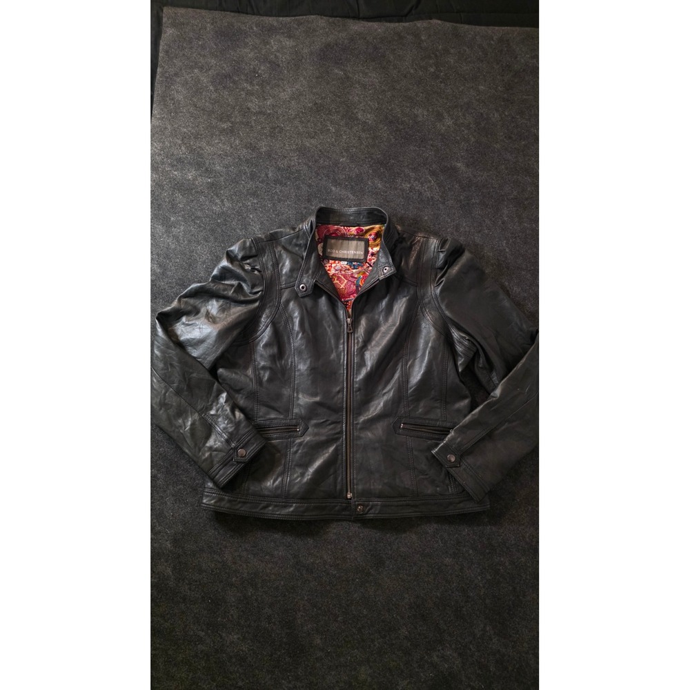 Bod & Christensen Black Leather Jacket XXL Puffed Shoulder Paisley Lining Zip Up